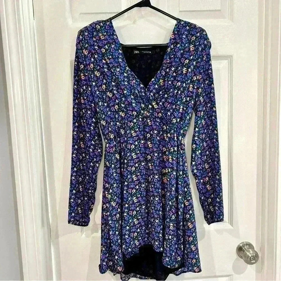 Zara Dress Sz S Long Sleeve Floral Wrap V Neck Top Mini Dress Black Purple Blue - Picture 1 of 9